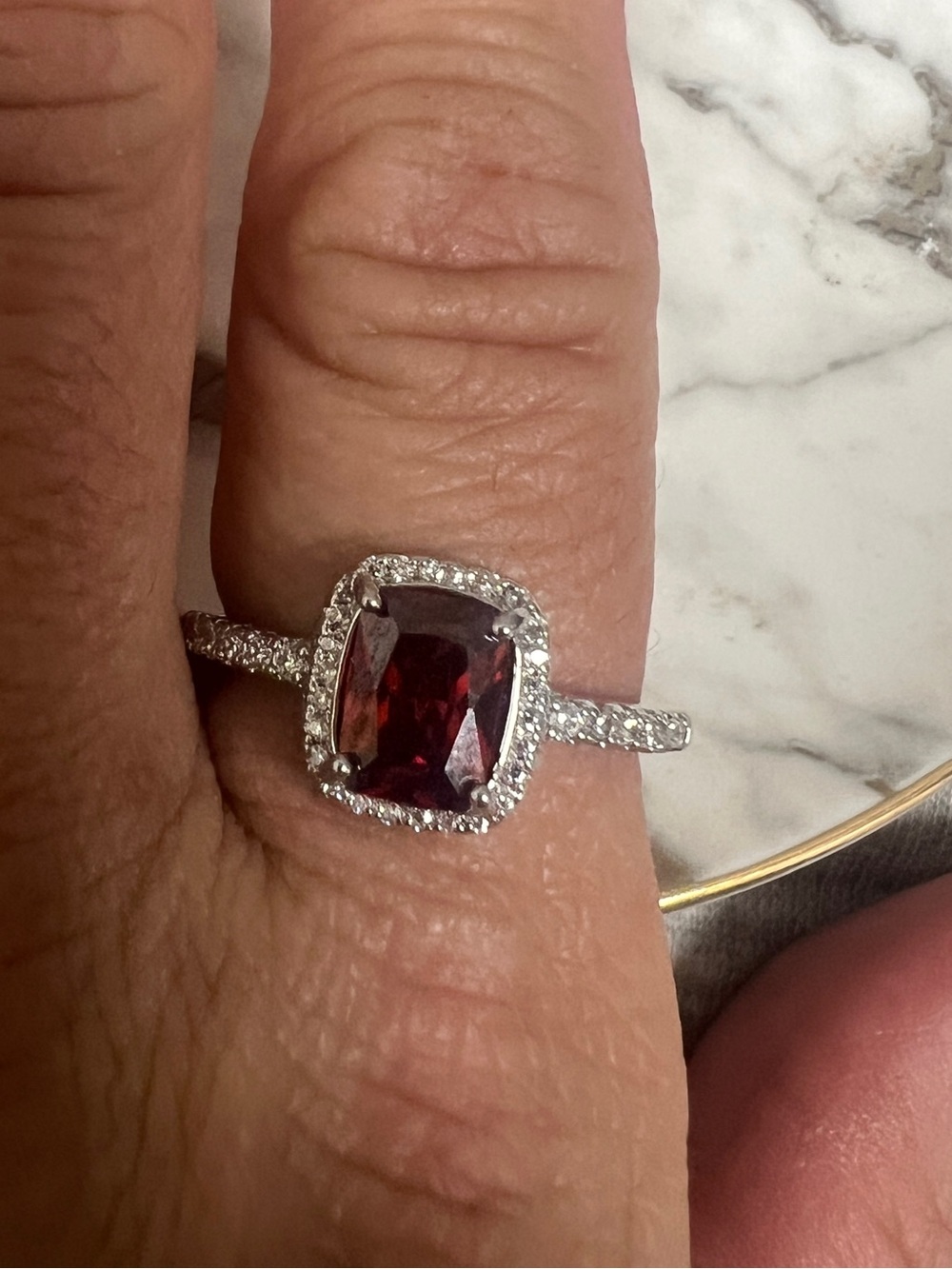 Sterling Silver Garnet Halo Ring - Deep Red Gem